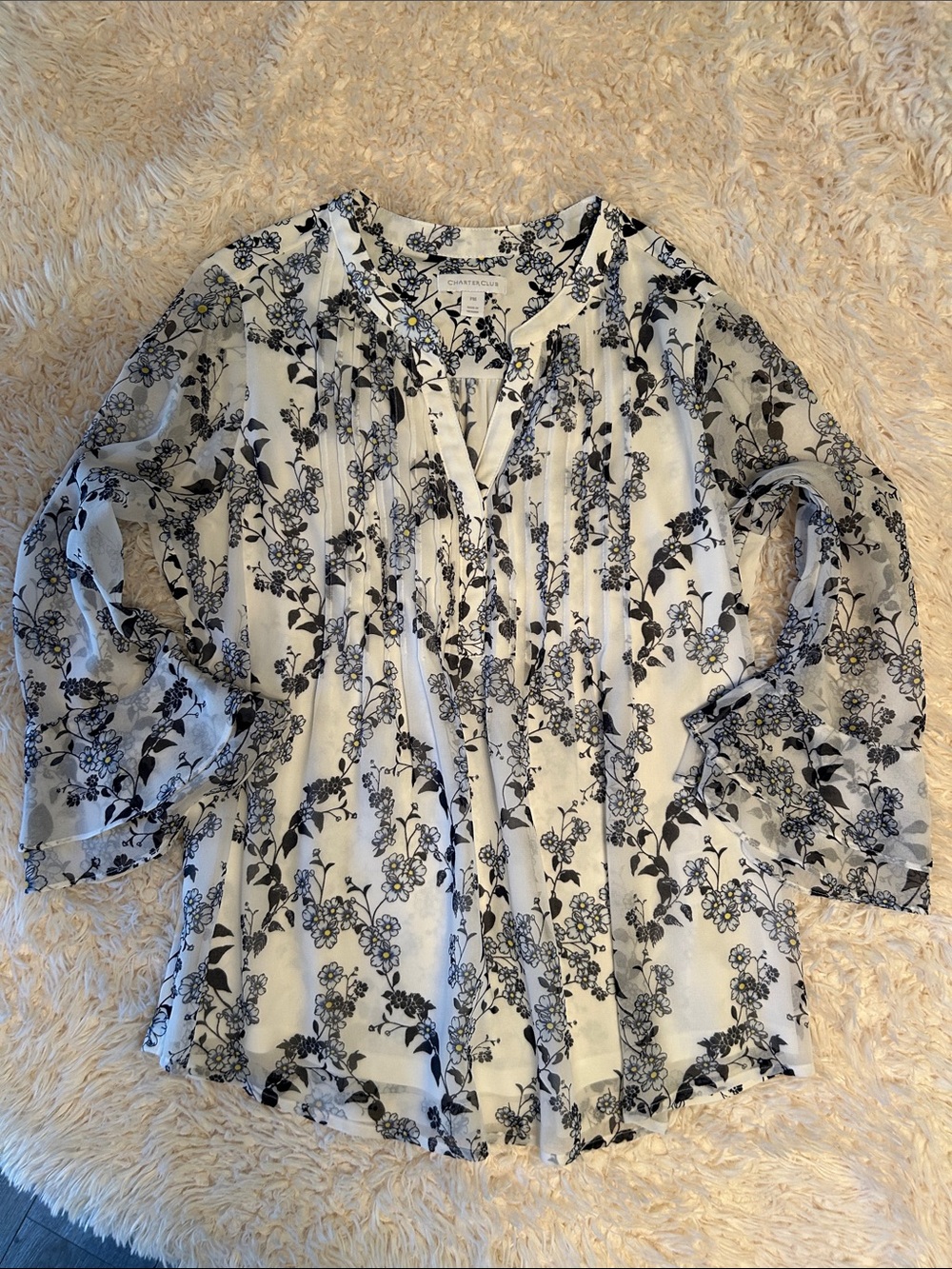 Charter Club White Blouse with Navy Blue Floral Print